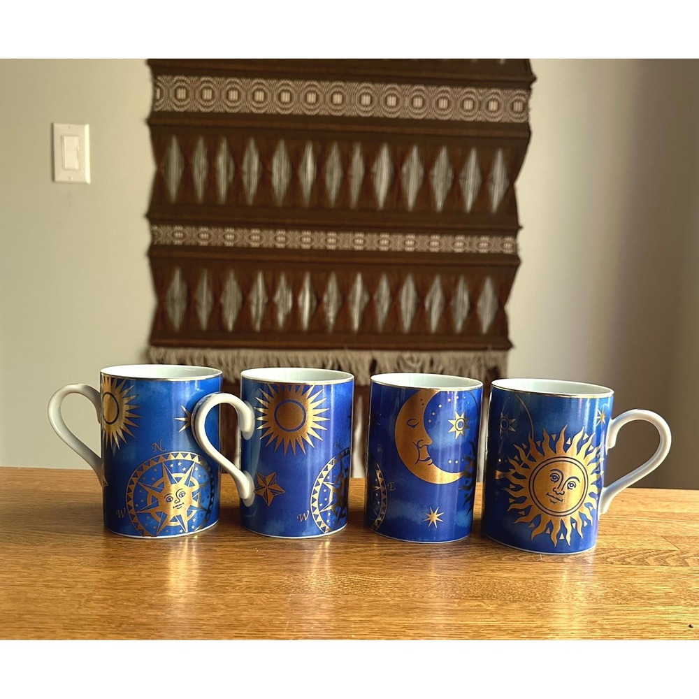 Vintage Neiman Marcus Mug Set of 4 Celestial Sun Moon Stars Cups 90s Whimsigoth